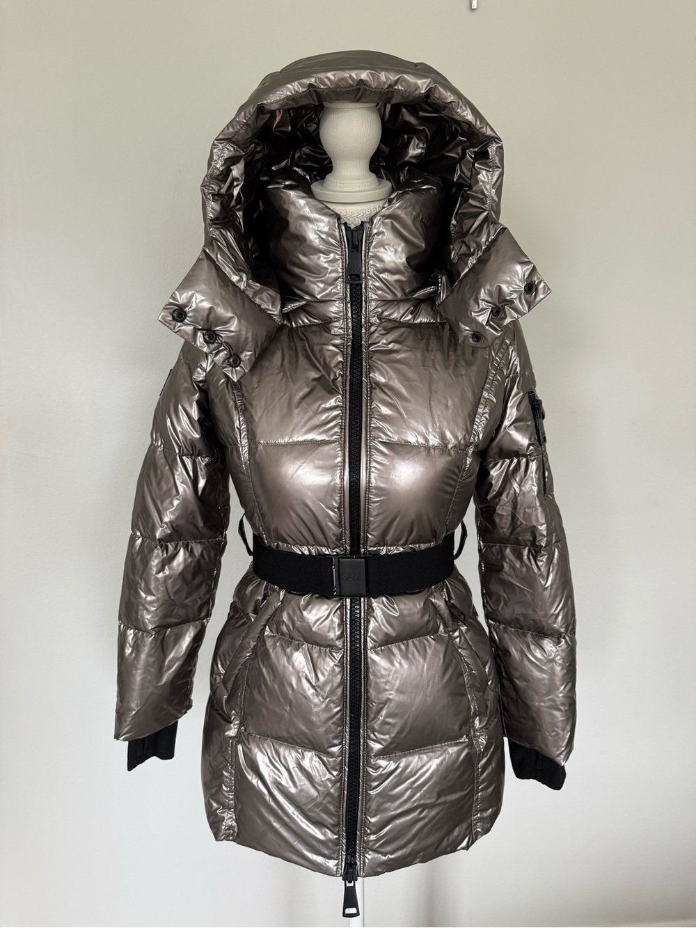 SAM. Girl’s Soho Metallic Gunmetal Hooded Belted Puffer Coat